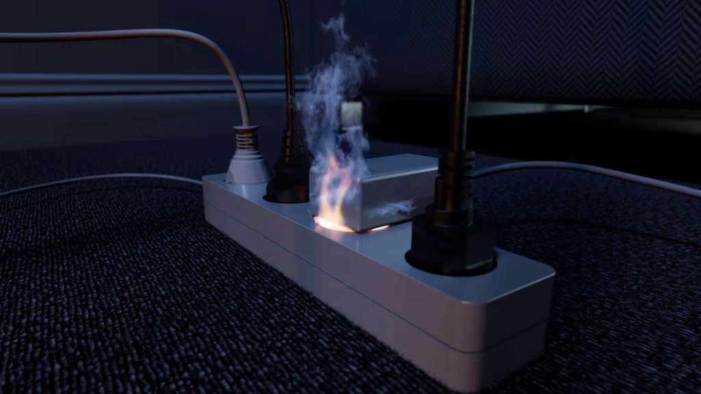 Elektrický spotřebič, který může způsobit požár, pokud je připojen k prodlužovacímu kabelu společně s jinými zařízeními.